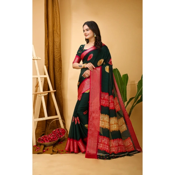 Generic Women's Soft Blooming Marshmallow Fabric Kalamkari Printed Saree With Unstitched Blouse 5.5Mtr (Green) - Green