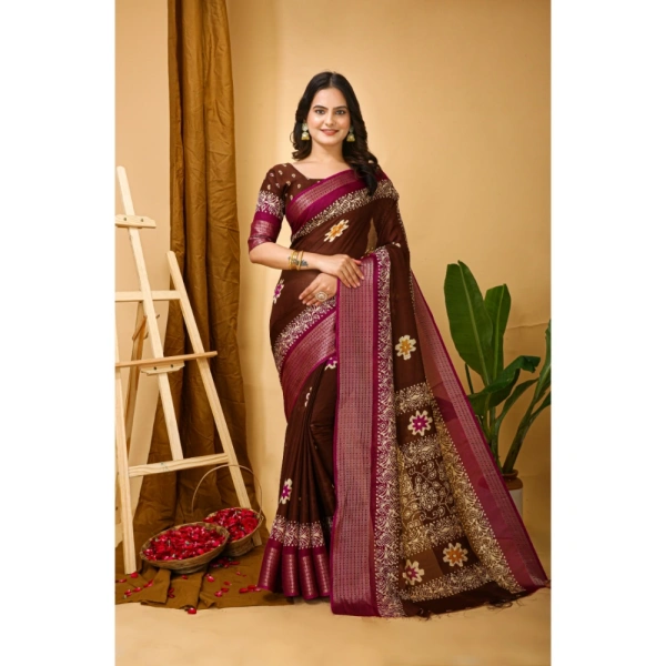 Generic Women's Soft Blooming Marshmallow Fabric Kalamkari Printed Saree With Unstitched Blouse 5.5Mtr (Maroon) - Maroon