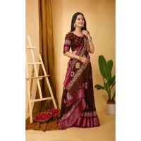 Generic Women's Soft Blooming Marshmallow Fabric Kalamkari Printed Saree With Unstitched Blouse 5.5Mtr (Maroon) - Maroon