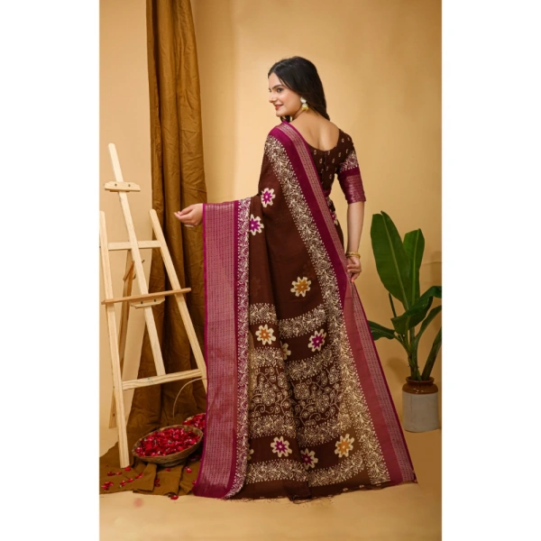 Generic Women's Soft Blooming Marshmallow Fabric Kalamkari Printed Saree With Unstitched Blouse 5.5Mtr (Maroon) - Maroon
