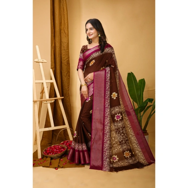 Generic Women's Soft Blooming Marshmallow Fabric Kalamkari Printed Saree With Unstitched Blouse 5.5Mtr (Maroon) - Maroon