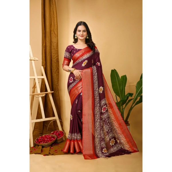 Generic Women's Soft Blooming Marshmallow Fabric Kalamkari Printed Saree With Unstitched Blouse 5.5Mtr (Wine) - Wine