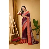 Generic Women's Soft Blooming Marshmallow Fabric Kalamkari Printed Saree With Unstitched Blouse 5.5Mtr (Wine) - Wine