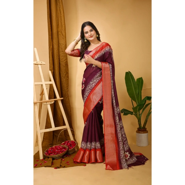 Generic Women's Soft Blooming Marshmallow Fabric Kalamkari Printed Saree With Unstitched Blouse 5.5Mtr (Wine) - Wine