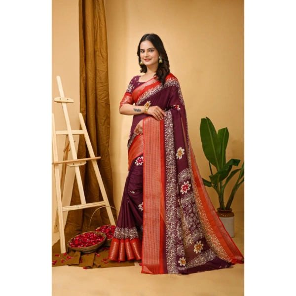Generic Women's Soft Blooming Marshmallow Fabric Kalamkari Printed Saree With Unstitched Blouse 5.5Mtr (Wine) - Wine