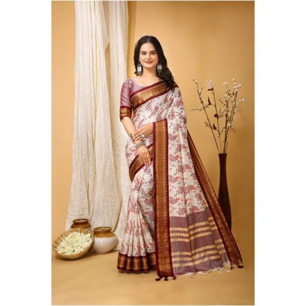 Generic Women's Soft Cotton Silk Printed Saree With Unstitched Blouse 5.5Mtr (Maroon) - Maroon