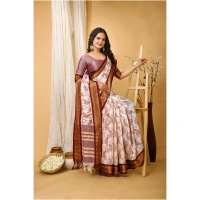 Generic Women's Soft Cotton Silk Printed Saree With Unstitched Blouse 5.5Mtr (Maroon) - Maroon