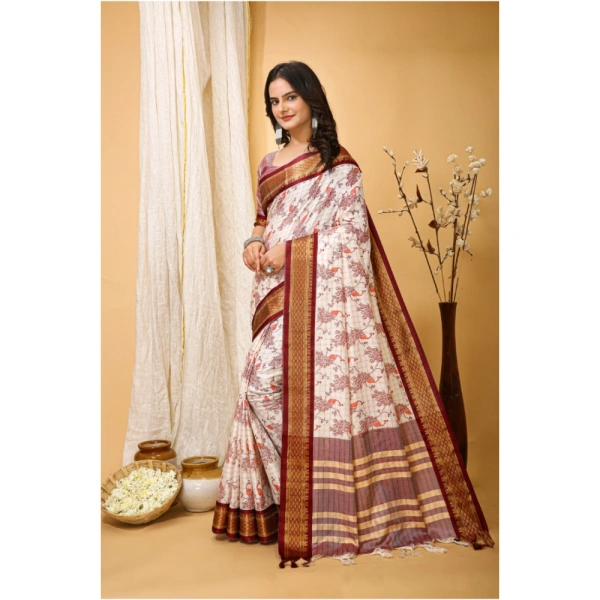 Generic Women's Soft Cotton Silk Printed Saree With Unstitched Blouse 5.5Mtr (Maroon) - Maroon