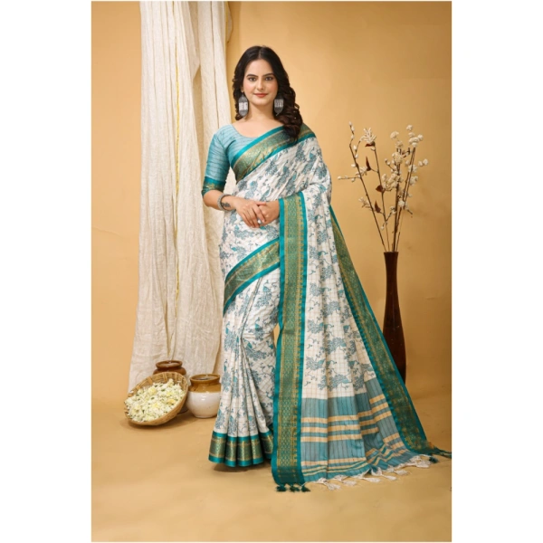 Generic Women's Soft Cotton Silk Printed Saree With Unstitched Blouse 5.5Mtr (Turquoise) - Turquoise