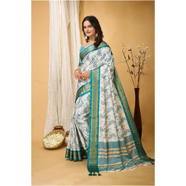 Generic Women's Soft Cotton Silk Printed Saree With Unstitched Blouse 5.5Mtr (Turquoise) - Turquoise
