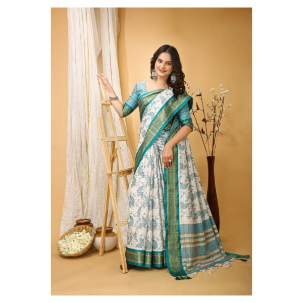 Generic Women's Soft Cotton Silk Printed Saree With Unstitched Blouse 5.5Mtr (Turquoise) - Turquoise
