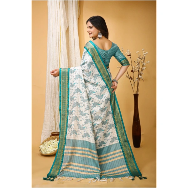 Generic Women's Soft Cotton Silk Printed Saree With Unstitched Blouse 5.5Mtr (Turquoise) - Turquoise