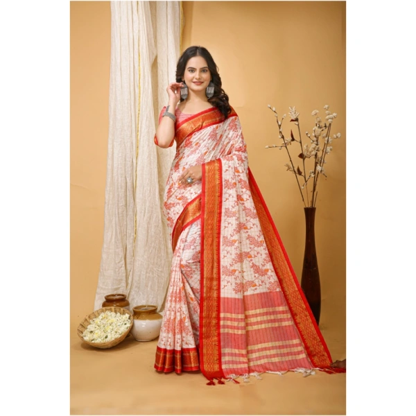 Generic Women's Soft Cotton Silk Printed Saree With Unstitched Blouse 5.5Mtr (Red) - Red