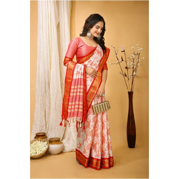 Generic Women's Soft Cotton Silk Printed Saree With Unstitched Blouse 5.5Mtr (Red) - Red