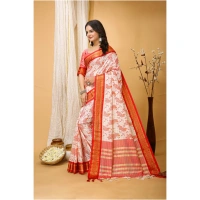 Generic Women's Soft Cotton Silk Printed Saree With Unstitched Blouse 5.5Mtr (Red) - Red