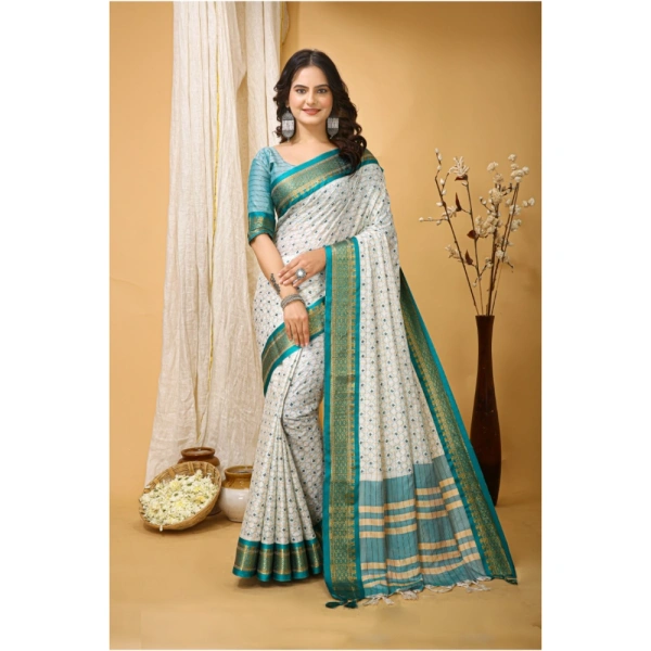 Generic Women's Soft Cotton Silk Printed Saree With Unstitched Blouse 5.5Mtr (Rama Green) - Rama Green