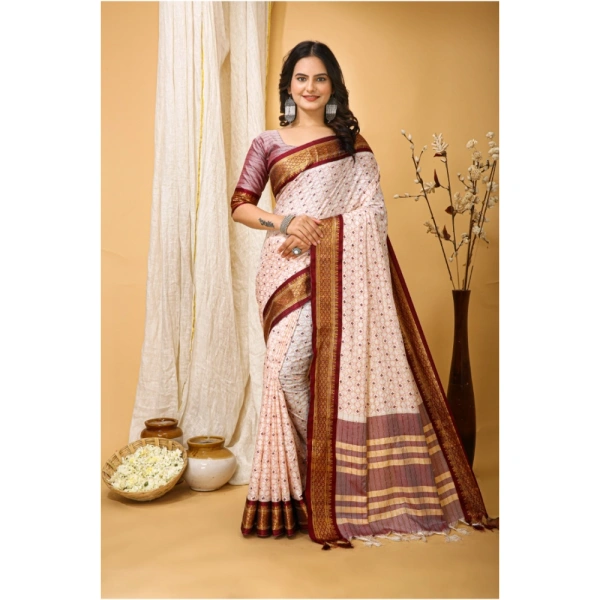 Generic Women's Soft Cotton Silk Printed Saree With Unstitched Blouse 5.5Mtr (Maroon) - Maroon