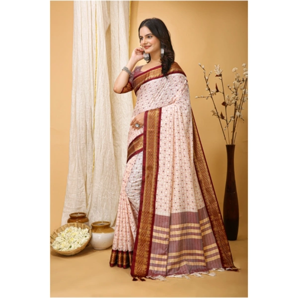 Generic Women's Soft Cotton Silk Printed Saree With Unstitched Blouse 5.5Mtr (Maroon) - Maroon