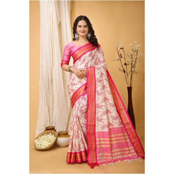 Generic Women's Soft Cotton Silk Printed Saree With Unstitched Blouse 5.5Mtr (Pink) - Pink