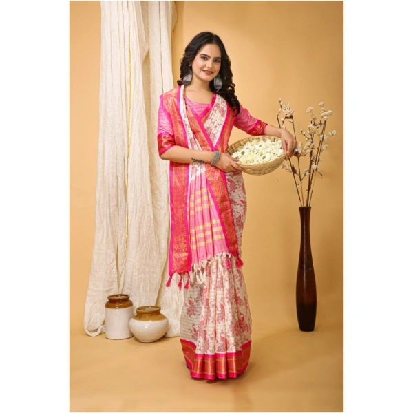 Generic Women's Soft Cotton Silk Printed Saree With Unstitched Blouse 5.5Mtr (Pink) - Pink