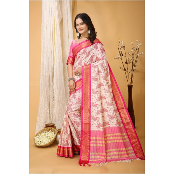 Generic Women's Soft Cotton Silk Printed Saree With Unstitched Blouse 5.5Mtr (Pink) - Pink