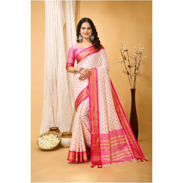 Generic Women's Soft Cotton Silk Printed Saree With Unstitched Blouse 5.5Mtr (Pink) - Pink