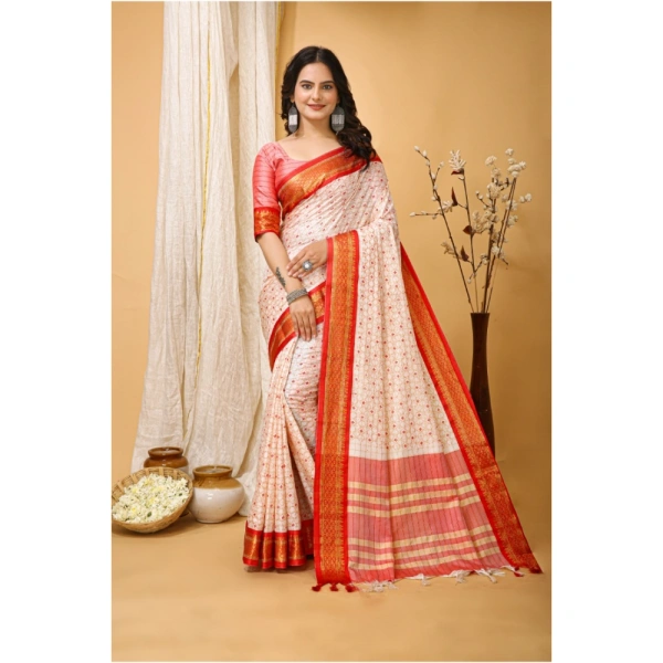Generic Women's Soft Cotton Silk Printed Saree With Unstitched Blouse 5.5Mtr (Red) - Red