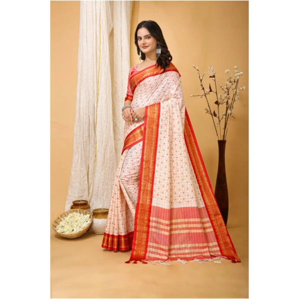 Generic Women's Soft Cotton Silk Printed Saree With Unstitched Blouse 5.5Mtr (Red) - Red