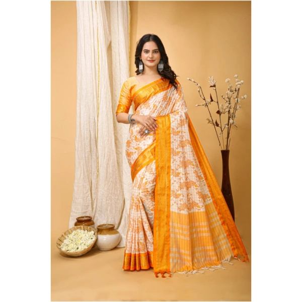 Generic Women's Soft Cotton Silk Printed Saree With Unstitched Blouse 5.5Mtr (Yellow) - Yellow