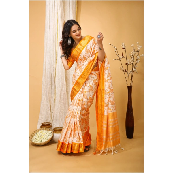 Generic Women's Soft Cotton Silk Printed Saree With Unstitched Blouse 5.5Mtr (Yellow) - Yellow