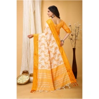Generic Women's Soft Cotton Silk Printed Saree With Unstitched Blouse 5.5Mtr (Yellow) - Yellow