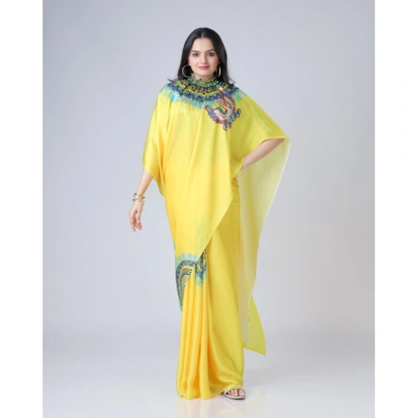 Women's Soft Crepe Silk Printed Ready To Wear Saree With Unstitched Blouse 5.5Mtr (Yellow)