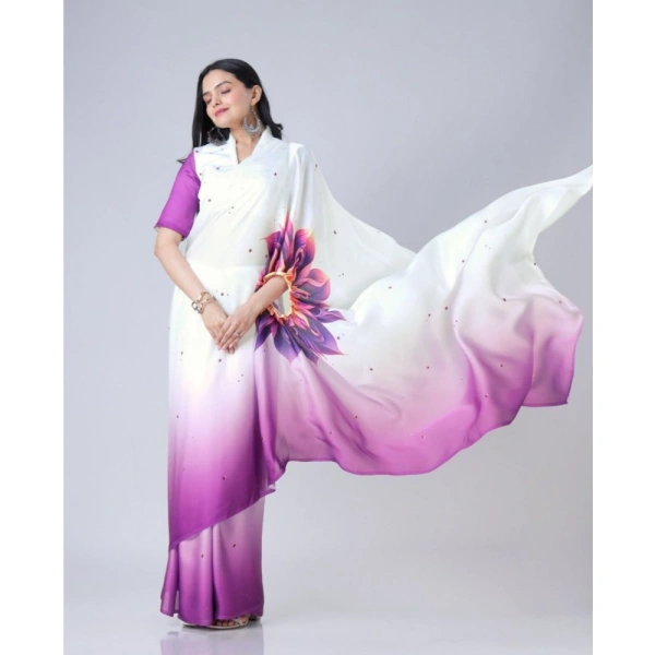 Women's Soft Crepe Silk Printed Ready To Wear Saree With Unstitched Blouse 5.5Mtr (Purple)