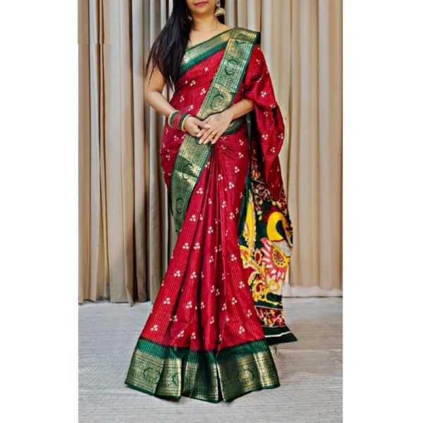 Generic Women's Soft Dola Cotton Kalamkari Printed Saree With Unstitched Blouse 5.5Mtr (Red) - Red