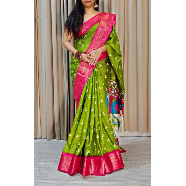 Generic Women's Soft Dola Cotton Kalamkari Printed Saree With Unstitched Blouse 5.5Mtr (Green) - Green