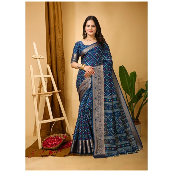 Generic Women's Soft Dola Cotton Kalamkari Printed Saree With Unstitched Blouse 5.5Mtr (Blue) - Blue