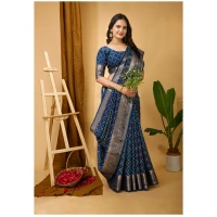 Generic Women's Soft Dola Cotton Kalamkari Printed Saree With Unstitched Blouse 5.5Mtr (Blue) - Blue
