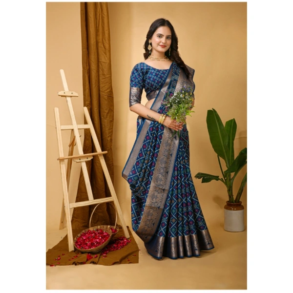 Generic Women's Soft Dola Cotton Kalamkari Printed Saree With Unstitched Blouse 5.5Mtr (Blue) - Blue