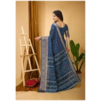 Generic Women's Soft Dola Cotton Kalamkari Printed Saree With Unstitched Blouse 5.5Mtr (Blue) - Blue