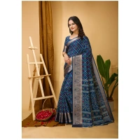 Generic Women's Soft Dola Cotton Kalamkari Printed Saree With Unstitched Blouse 5.5Mtr (Blue) - Blue