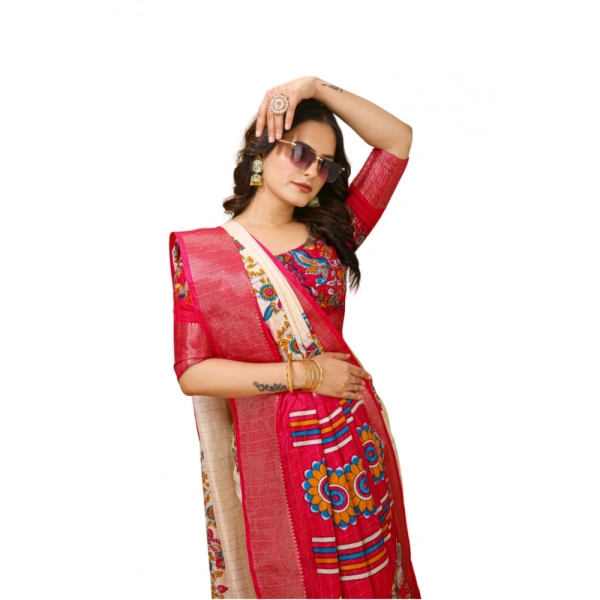 Generic Women's Soft Dola Cotton Kalamkari Printed Saree With Unstitched Blouse 5.5Mtr (Red) - Red
