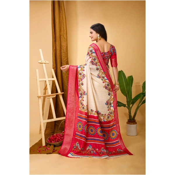 Generic Women's Soft Dola Cotton Kalamkari Printed Saree With Unstitched Blouse 5.5Mtr (Red) - Red