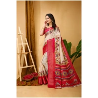 Generic Women's Soft Dola Cotton Kalamkari Printed Saree With Unstitched Blouse 5.5Mtr (Red) - Red