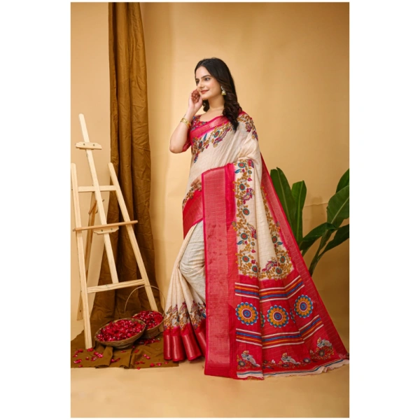 Generic Women's Soft Dola Cotton Kalamkari Printed Saree With Unstitched Blouse 5.5Mtr (Red) - Red