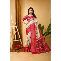 Generic Women's Soft Dola Cotton Kalamkari Printed Saree With Unstitched Blouse 5.5Mtr (Red) - Red
