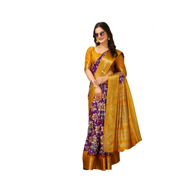 Generic Women's Soft Dola Cotton Kalamkari Printed Saree With Unstitched Blouse 5.5Mtr (Purple) - Purple
