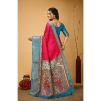 Generic Women's Soft Dola Cotton Kalamkari Printed Saree With Unstitched Blouse 5.5Mtr (Pink) - Pink