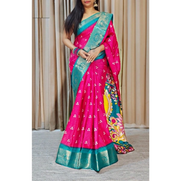 Generic Women's Soft Dola Cotton Kalamkari Printed Saree With Unstitched Blouse 5.5Mtr (Pink) - Pink