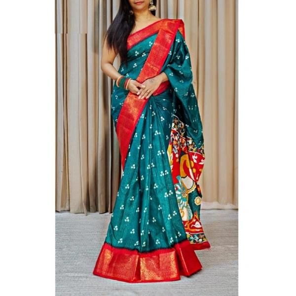 Generic Women's Soft Dola Cotton Kalamkari Printed Saree With Unstitched Blouse 5.5Mtr (Blue) - Blue