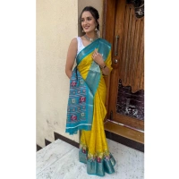 Generic Women's Soft Dola Cotton Kalamkari Printed Saree With Unstitched Blouse 5.5Mtr (Mustard) - Mustard
